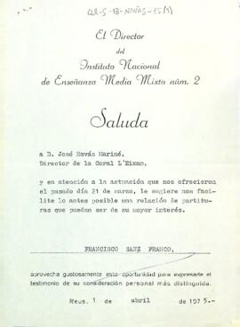 Carta d'agraïment de l'Instituto Nacional de Enseñanza Media Mixto núm. 2