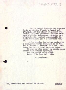 Carta del president de la secció de música al president del Centre de Lectura