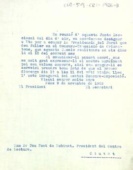 Còpia de la carta enviada a Pau Font de Rubinat per comunicar que ha estat escollit per ser president del jurat del Concurs-Exposició de Crisantems