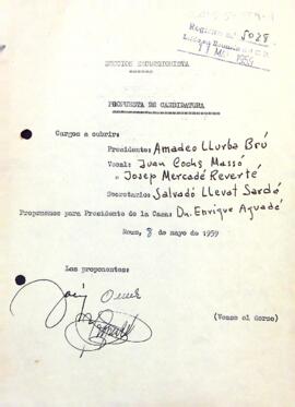 Proposta de candidatura a les eleccions de 1959
