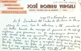 Carta de Dolores Romeu excusant-se per no haver recollit abans el premi i diploma del concurs-exposició