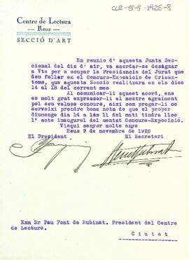 Carta de la Secció d'Art a Pau Font de Rubinat per informar que s'ha decidit nomenar-lo president del jurat del Concurs de crisantems