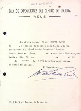 Fitxa de lloguer de la Sala d'Exposicions a Josep Maria onstantí Zamora