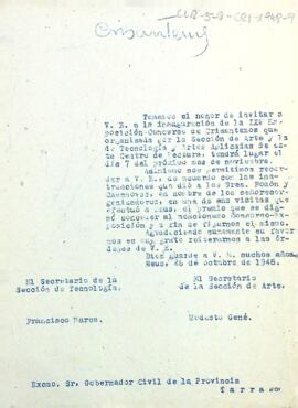 Còpia de la invitació a l'acte d'inauguració del IX Concurs-exposició de crisantems