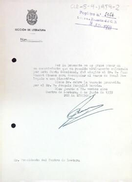 Carta de la Secció de Literatura al president del Centre de Lectura