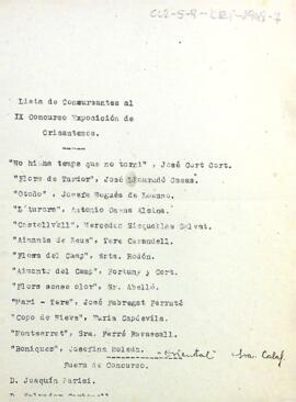 Llista de concursants al IX concurs-exposició de crisantems