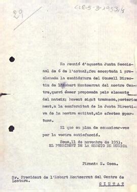 Carta del president de la Secció de Música a l'Esbart Montserrat