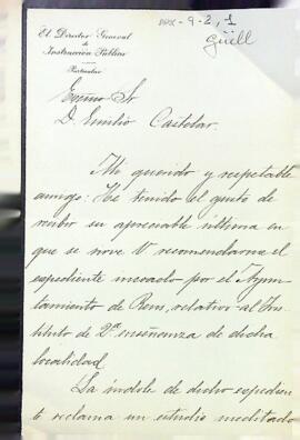 Carta de V. Santamaria a Emilio Castelar sobre l'expedient de l'Institut de 2º ensenyança de Reus