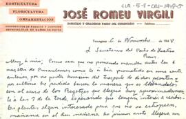 Carta de José Romeu Virgili disculpant-se per no haver pogut enviar abans les 6 torretes de crisantems