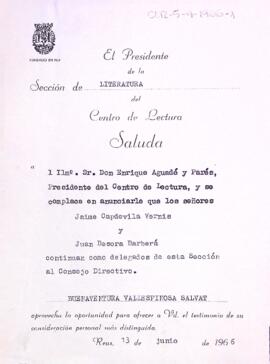 Carta de Bonaventura Vallespinosa al president del Centre de Lectura