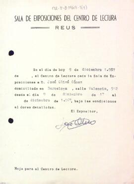 Fitxa de lloguer de la Sala d'Exposicions a José Olivé Gómez