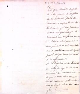Carta de Pedro Badía, aspirant a ocupar la plaça de cafeter, oferint a la junta noves accions que ell duria a terme.