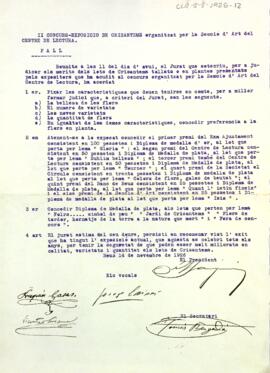 Acta de deliberació del jurat del segon concurs-exposició de crisantems