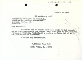 Carta de Guillermo Sans Sedó al delegat provincial de joventuts