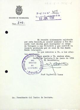 Carta del secretari de la Secció de tecnologia al president del Centre de Lectura